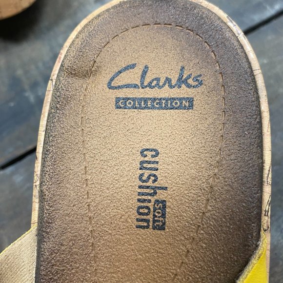 Clarks Collection Leather Lemon Cork Wedges US 11 Yellow Soft Cushion - Picture 2 of 5